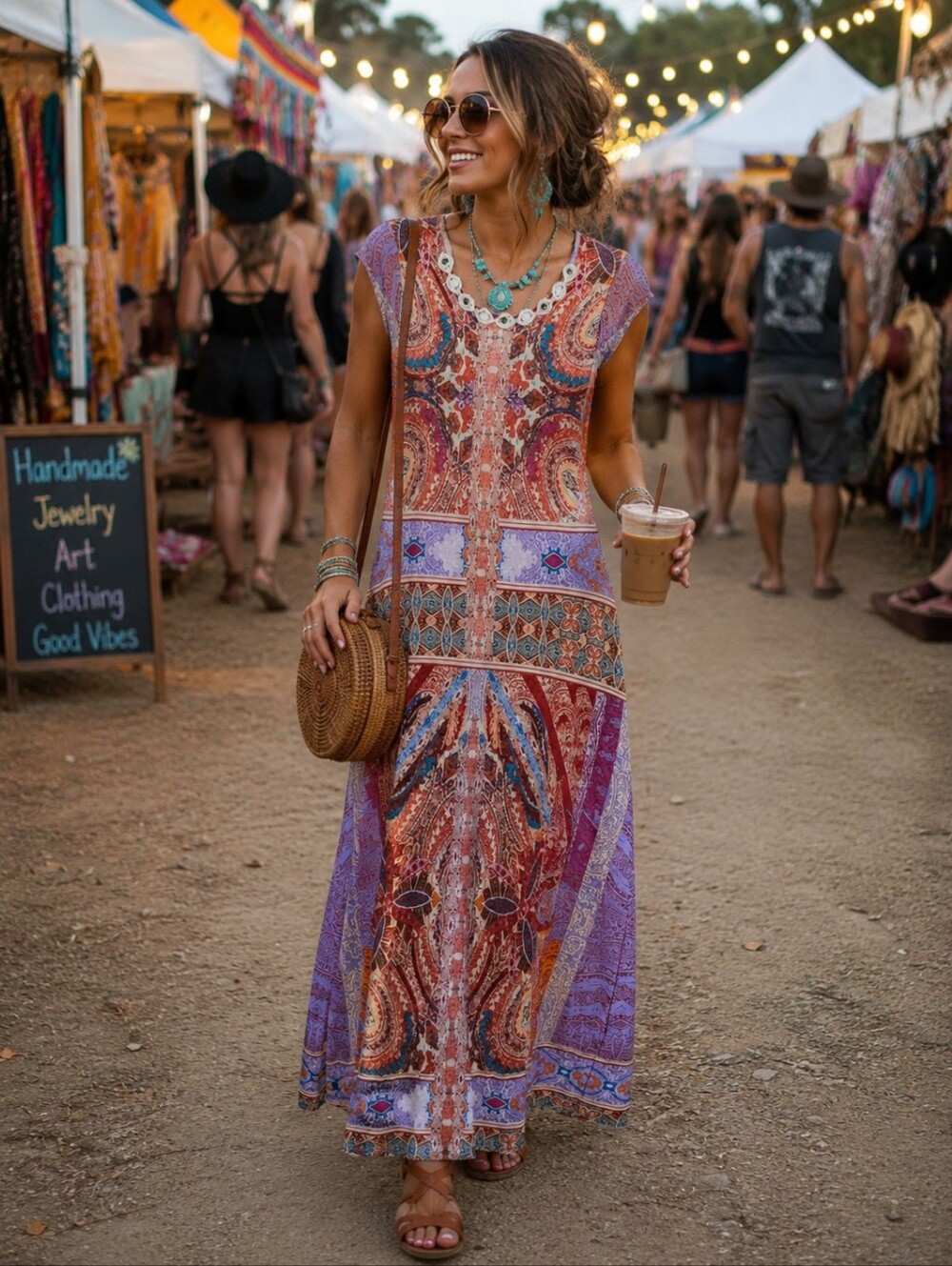 Nurture Boho Paisley Maxi Dress Size Small Crochet Neck Stretch Festival